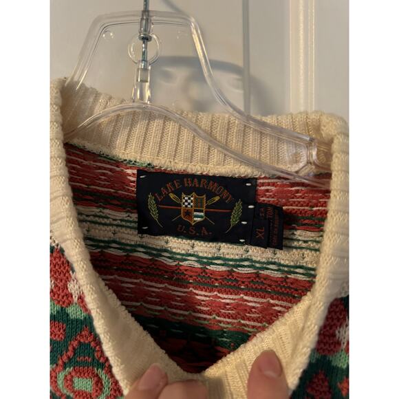 Lake Harmony Vintage Rowing Club Cable Knit Grandpa Sweater Size XL Green Pink - Picture 5 of 5